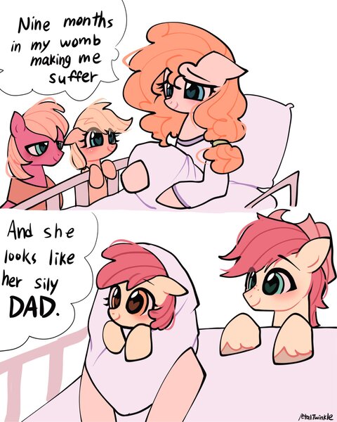 Size: 1638x2048 | Tagged: safe, artist:petaltwinkle, derpibooru import, apple bloom, applejack, big macintosh, bright mac, pear butter, earth pony, pony, g4, 2 panel comic, baby, baby apple bloom, bed, blanket, clothes, colt, comic, female, filly, foal, freckles, hair tie, heart, heart eyes, holding, image, jpeg, long sleeved shirt, long sleeves, male, mare, meme, pillow, ponified meme, shirt, signature, simple background, smiling, speech bubble, stallion, unshorn fetlocks, white background, wingding eyes, yoke, younger