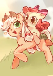 Size: 2480x3508 | Tagged: safe, artist:izuchi, derpibooru import, apple bloom, applejack, earth pony, pony, g4, ;d, apple bloom riding applejack, apple sisters, bandage, bandaged leg, blushing, bow, duo, duo female, female, filly, foal, full body, grass, hair bow, hair tie, hat, image, mare, one eye closed, open mouth, open smile, outdoors, png, ponies riding ponies, riding, riding a pony, siblings, sisters, smiling, stars, tail tie, teary eyes, wink