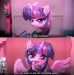 Size: 1143x1148 | Tagged: safe, artist:petaltwinkle, derpibooru import, cozy glow, twilight sparkle, twilight sparkle (alicorn), alicorn, pegasus, pony, unicorn, g4, 2 panel comic, angry, blurry background, book, clothes, comic, fangs, female, filly, foal, horn, image, jpeg, looking at you, mare, mask, meme, ponified meme, scowl, shirt, signature, solo focus, squid game, squid game 2, text, tracksuit