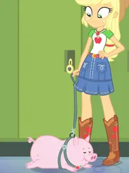 Size: 1720x2314 | Tagged: safe, composite screencap, derpibooru import, edit, edited screencap, screencap, applejack, human, pig, a queen of clubs, equestria girls, equestria girls series, g4, applejack's hat, applejack's skirt, boots, clothes, cowboy boots, cowboy hat, denim, denim skirt, female, geode of super strength, hat, image, magical geodes, my little pony equestria girls: better together, png, shoes, skirt