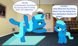 Size: 4500x2665 | Tagged: safe, artist:memeartboi, derpibooru import, ponified, pegasus, pony, unicorn, g4, balancing, ballerina, ballet, carpet, colt, confused, cute, duo, duo male and female, female, foal, grin, gumball watterson, heart, horn, image, indoors, jpeg, little boy, male, mare, mother, mother and child, mother and son, nicole watterson, open mouth, pegasus wings, smiling, speech bubble, spread wings, standing, text, the amazing world of gumball, unicorn horn, wings