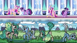 Size: 3840x2160 | Tagged: safe, derpibooru import, princess cadance, queen chrysalis, trixie, twilight sparkle, alicorn, insect, ladybug, comic:of kings and changelings, g4, season 3, the crystal empire, duchess chrysalis, glow, glowing horn, horn, image, magic, mirror universe, my little pony, png, reversalis, sunshine sunshine, wings