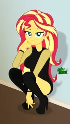 Size: 1080x1920 | Tagged: safe, artist:gibsterboy5, derpibooru import, sunset shimmer, human, equestria girls, g4, adorasexy, against wall, bedroom eyes, boots, breasts, cleavage, clothes, complex background, cute, female, grin, hand on chin, high heel boots, high heels, image, jpeg, leotard, looking at you, platform boots, platform heels, platform shoes, sexy, shadow, shoes, signature, smiling, smiling at you, smirk, solo, squatting, thigh boots