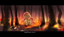 Size: 3400x2000 | Tagged: semi-grimdark, artist:aquagalaxy, derpibooru import, fluttershy, pegasus, pony, g4, crying, dark, fake screencap, female, fire, forest, image, letterboxing, nature, png, scenery, solo, subtitles, this will end in tears, tree