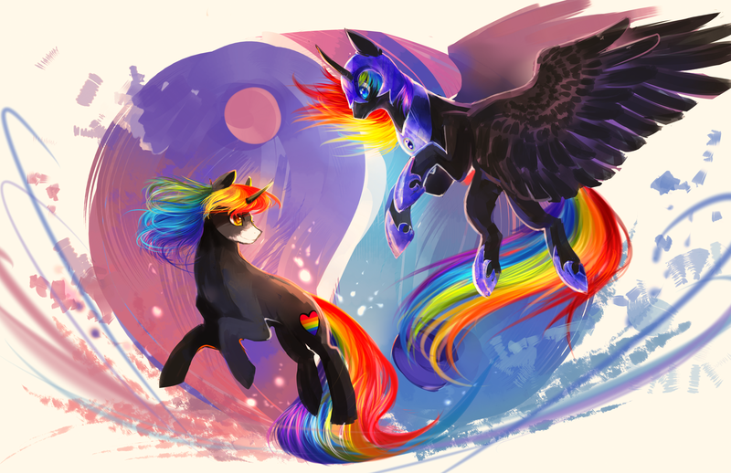 Size: 4636x3000 | Tagged: safe, artist:aquagalaxy, derpibooru import, nightmare moon, oc, pony, unicorn, g4, flying, horn, image, png, yin-yang