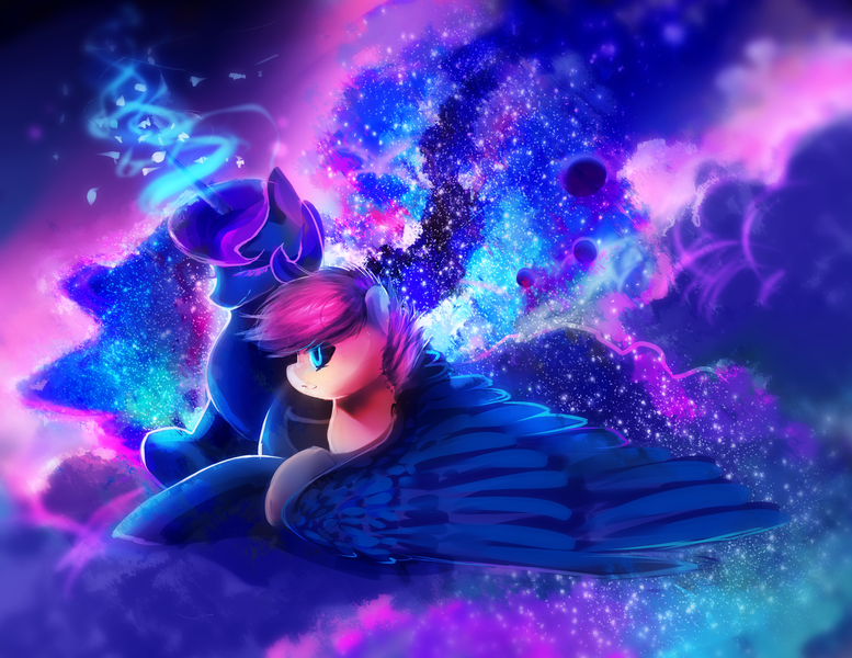 Size: 3000x2318 | Tagged: safe, artist:aquagalaxy, derpibooru import, princess luna, scootaloo, bat pony, pony, g4, bat ponified, hug, image, lying down, magic, png, prone, race swap, scootabat, student of the night, winghug, wings