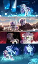 Size: 1200x2000 | Tagged: safe, artist:aquagalaxy, derpibooru import, rarity, sweetie belle, pony, unicorn, g4, clothes, comic, crying, female, horn, image, mare, older, png, rain, sad, scarf