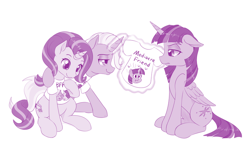 Size: 1316x800 | Tagged: safe, artist:dstears, derpibooru import, starlight glimmer, trixie, twilight sparkle, twilight sparkle (alicorn), alicorn, pony, unicorn, g4, to where and back again, :3, :p, bff, clothes, counterparts, cross-eyed, cute, eye contact, floppy ears, frown, glare, glimmerbetes, horn, hug, image, levitation, lidded eyes, looking at each other, looking at someone, magic, monochrome, my little pony, png, shirt, simple background, sitting, smiling, smirk, telekinesis, tongue out, trio, twilight sparkle is not amused, twilight's counterparts, unamused, white background