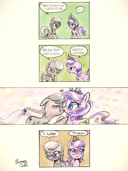 Size: 1536x2048 | Tagged: safe, artist:almaska, artist:ecmajor, derpibooru import, diamond tiara, silver spoon, earth pony, pony, tumblr:teatimetiara, g4, blushing, comic, cute, dialogue, eyes closed, female, filly, floating heart, foal, heart, image, jpeg, kissing, lesbian, ship:silvertiara, shipping, toy ship