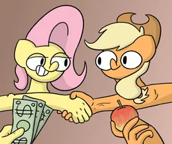 Size: 1612x1356 | Tagged: safe, artist:switchy, derpibooru import, applejack, fluttershy, anthro, earth pony, pegasus, g4, apple, duo, female, food, gradient background, handshake, image, money, png, suddenly hands, wat