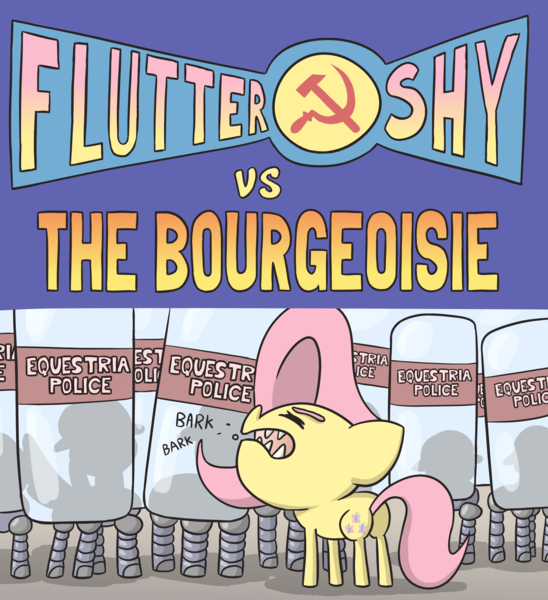 Size: 1639x1794 | Tagged: safe, artist:switchy, derpibooru import, fluttershy, pegasus, pony, g4, barking, behaving like a dog, bourgeoisie, communism, female, floppy ears, flutterdog, hammer and sickle, image, mouthpiece, png, police, politics, riot shield, text