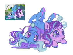 Size: 1552x1188 | Tagged: safe, artist:peaceandlove26, derpibooru import, starlight glimmer, trixie, pony, unicorn, g4, to change a changeling, cape, clothes, cuddling, cute, diatrixes, duo, female, frown, glimmerbetes, hat, horn, image, legs in air, leonine tail, looking up, lying down, mare, my little pony, on back, png, prone, scene interpretation, screencap reference, simple background, tail, trixie's cape, trixie's hat, underhoof, unshorn fetlocks, white background