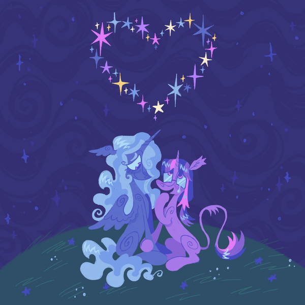 Size: 2000x2000 | Tagged: safe, artist:peaceandlove26, artist:webkinzworldz, derpibooru import, princess luna, twilight sparkle, pony, unicorn, g4, alternate color palette, alternate design, blushing, closed mouth, constellation, crying, duo, ear tufts, female, flower, glasses, grass, grass field, heart, hill, holding hooves, horn, image, leonine tail, lesbian, looking at someone, looking up, night, night sky, open mouth, pink eyes, png, purple eyes, ship:twiluna, shipping, sitting, sky, smiling, sparkles, spread wings, starry night, starry sky, stars, tail, teary eyes, twiluna, unicorn twilight, wing ears, wings