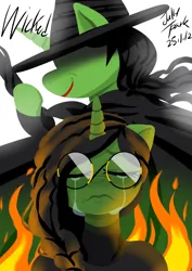 Size: 1240x1754 | Tagged: safe, artist:jully-park, derpibooru import, pony, unicorn, g4, cape, clothes, elphaba, fire, glasses, hat, horn, image, jpeg, wicked