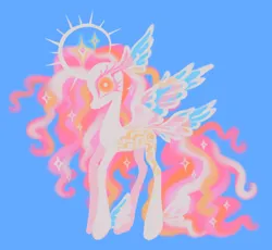 Size: 1784x1642 | Tagged: safe, artist:peaceandlove26, derpibooru import, princess celestia, alicorn, pony, g4, alternate design, blue background, colored eyelashes, curved horn, ethereal hair, ethereal mane, ethereal tail, eyestrain warning, horn, image, leg wings, looking at you, multiple wings, orange eyes, png, simple background, solo, sparkles, sparkly mane, sparkly tail, spiked horn, tail, transparent wings, wing ears, wings, yellow eyes