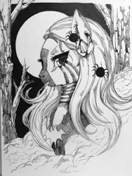 Size: 2736x3648 | Tagged: safe, artist:alts-art, derpibooru import, zecora, pony, spider, zebra, g4, black and white, ear piercing, earring, female, grayscale, image, inktober, jewelry, jpeg, long hair, mare, monochrome, necklace, nightmare night, piercing, sketch, solo, tree