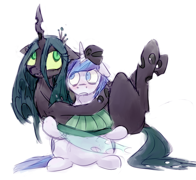 Size: 2308x2132 | Tagged: dead source, safe, artist:nobody, artist:oppa-homeless-style, derpibooru import, queen chrysalis, shining armor, changeling, changeling queen, pony, unicorn, g4, bridal carry, carrying, female, frown, horn, image, png, wide eyes