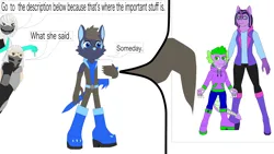 Size: 3818x2153 | Tagged: safe, artist:star153, derpibooru import, spike, twilight sparkle, anthro, dragon, human, wolf, g4, advice, ask, belt, blue, boots, claws, clothes, denim, description, glooves, green, hair, help needed, hood down, hoodie, horn, image, jeans, jpeg, jumper, khameleon, mask, mortal kombat, ninja, pants, photo, pointing, purple, read the description, reptilian, shirt, shoes, smoke, sonic oc, speech bubble, sword, tail, teeth, vest, weapon, zaterran