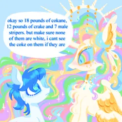 Size: 2000x2000 | Tagged: safe, artist:peaceandlove26, derpibooru import, princess celestia, alicorn, earth pony, pony, g4, alternate design, background pony, color porn, colored sclera, drugs, duo, eyestrain warning, female, image, implied drug use, implied stripping, jewelry, male, mare, master chief and luna hanging out, meme, png, regalia, speech bubble, stallion