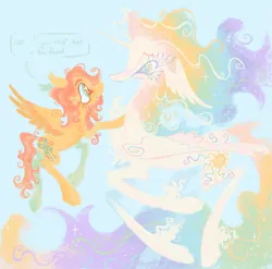 Size: 2027x2001 | Tagged: safe, artist:peaceandlove26, derpibooru import, fluttershy, princess celestia, alicorn, pegasus, pony, g4, alternate design, chest fluff, colored wings, colored wingtips, crying, duo, ethereal hair, ethereal mane, ethereal tail, female, flying, folded wings, hoof on chest, image, lesbian, light blue background, multicolored wings, png, rainbow eyes, ship:flutterlestia, shipping, simple background, speech, speech bubble, spread wings, tail, talking, teardrop, teary eyes, text, thick eyebrows, unshorn fetlocks, wing ears, wings