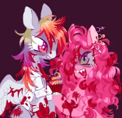 Size: 2000x1934 | Tagged: semi-grimdark, artist:peaceandlove26, derpibooru import, pinkie pie, rainbow dash, earth pony, pegasus, pony, fanfic:cupcakes, fanfic:rainbow factory, g4, blood, blood on face, clothes, cupcake, duo, ear piercing, earring, fanfic art, food, heart, heart eyes, image, jewelry, lab coat, piercing, png, rainbow cupcake, rainbow factory dash, simple background, tallerdash, wingding eyes