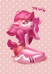 Size: 2480x3507 | Tagged: safe, artist:holivi, derpibooru import, oc, oc:holivi, unofficial characters only, anthro, earth pony, plantigrade anthro, g4, clothes, image, jpeg, kneeling, morning ponies, not pinkie pie, open mouth, shorts, socks, tanktop, yawn