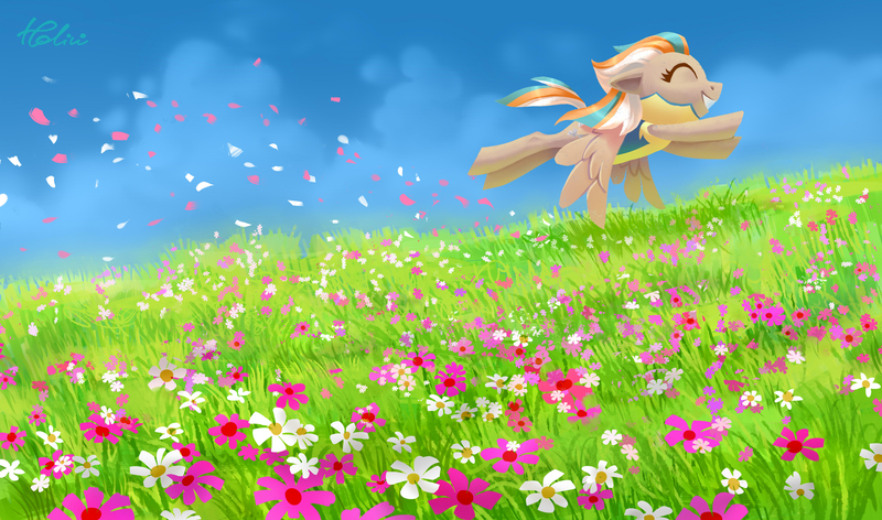 Size: 4092x2412 | Tagged: safe, artist:holivi, derpibooru import, oc, unofficial characters only, pegasus, pony, clothes, cloud, commission, digital art, eyes closed, female, floppy ears, flower, flower field, flying, grass, happy, image, jpeg, mare, signature, sky, smiling, solo, spread wings, uniform, wings, wonderbolt trainee uniform