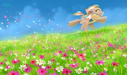 Size: 4092x2412 | Tagged: safe, artist:holivi, derpibooru import, oc, unofficial characters only, pegasus, pony, clothes, cloud, commission, digital art, eyes closed, female, floppy ears, flower, flower field, flying, grass, happy, image, jpeg, mare, signature, sky, smiling, solo, spread wings, uniform, wings, wonderbolt trainee uniform