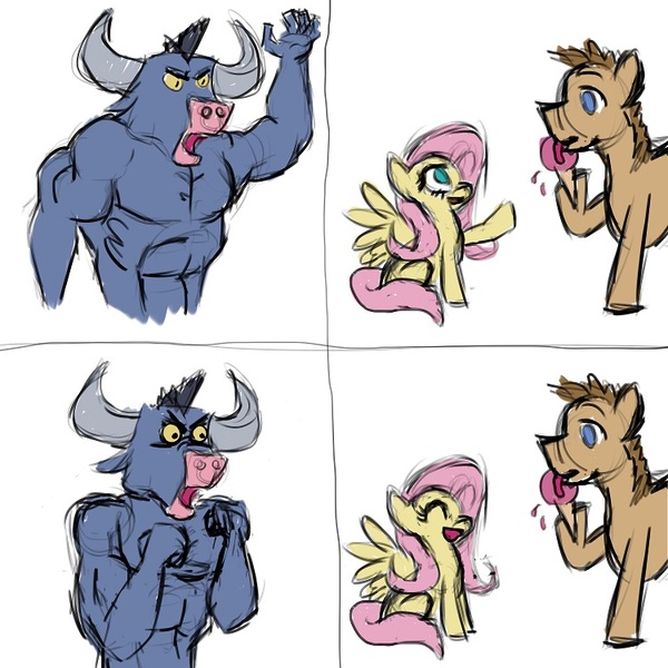 Size: 750x750 | Tagged: safe, artist:sweetiebloom, derpibooru import, fluttershy, iron will, ponified, earth pony, minotaur, pony, g4, 4 panel comic, assertive fluttershy, colored, comic, drawthread, eating, female, food, hoof hold, ice cream, image, jpeg, licking, licking food, male, mare, meme, ponified meme, reference, requested art, spongebob reference, spongebob squarepants, stallion, tongue out