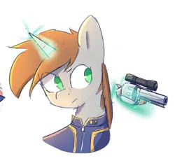 Size: 659x606 | Tagged: safe, artist:minty-cups, derpibooru import, oc, oc:littlepip, fallout equestria, clothes, gun, handgun, image, jpeg, jumpsuit, little macintosh, magic, revolver, vault suit, weapon