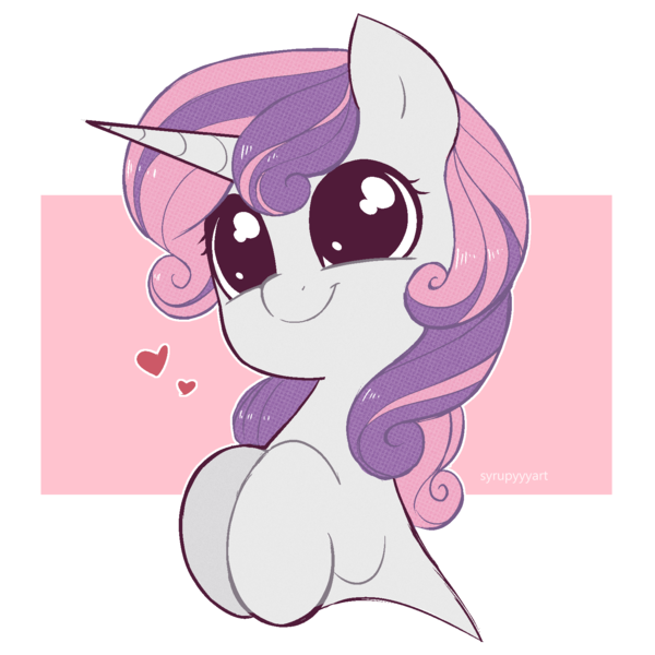 Size: 1601x1601 | Tagged: safe, artist:syrupyyy, derpibooru import, sweetie belle, pony, unicorn, g4, abstract background, big eyes, bust, cute, daaaaaaaaaaaw, diasweetes, dilated pupils, eyelashes, female, filly, floating heart, foal, happy, heart, hnnng, hooves to the chest, horn, image, png, smiling, solo, sweet dreams fuel, syrupyyy is trying to murder us, weapons-grade cute