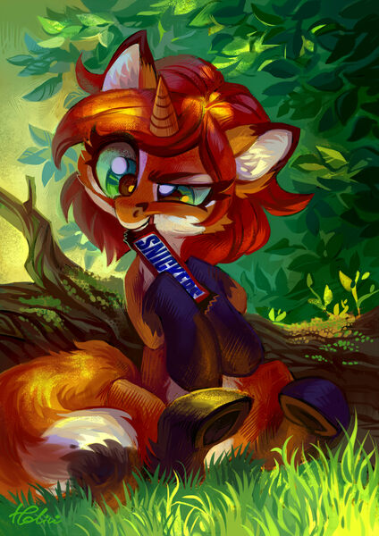 Size: 2479x3507 | Tagged: dead source, safe, artist:holivi, derpibooru import, oc, oc:artistic palete, unofficial characters only, fox, fox pony, hybrid, original species, pony, unicorn, g4, candy, food, horn, image, jpeg, pale belly, snickers, solo