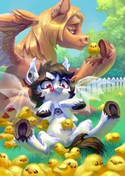 Size: 2893x4093 | Tagged: safe, artist:holivi, derpibooru import, oc, unofficial characters only, bat pony, pegasus, pony, bat pony oc, bat wings, chick, fangs, female, grass, hungry, image, jpeg, male, mare, stallion, wings