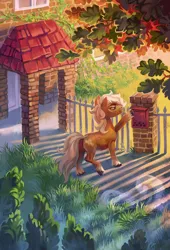 Size: 2342x3444 | Tagged: safe, artist:holivi, derpibooru import, oc, unofficial characters only, earth pony, pony, building, commission, cottagecore, door, image, jpeg, mailbox, male, scenery, solo, stallion