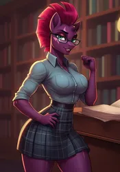 Size: 896x1280 | Tagged: suggestive, ai content, generator:google imagen 3.0, machine learning generated, prompter:zerowinger, fizzlepop berrytwist, tempest shadow, anthro, unicorn, g4, breasts, broken horn, busty tempest shadow, eye scar, female, glasses, hand on hip, horn, image, jpeg, librarian, library, lidded eyes, looking at you, scar, solo, solo female