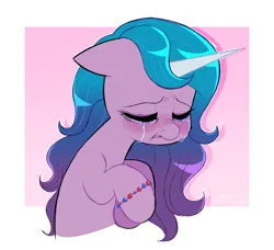 Size: 2120x1934 | Tagged: safe, artist:syrupyyy, derpibooru import, izzy moonbow, pony, unicorn, g5, my little pony: a new generation, abstract background, blushing, bracelet, crying, eyes closed, female, floppy ears, frown, high res, horn, image, izzy moodbow, jewelry, mare, png, sad, solo, teary eyes, teeth