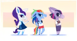 Size: 2153x1149 | Tagged: safe, artist:syrupyyy, derpibooru import, rainbow dash, rarity, twilight sparkle, anthro, horse, pony, g4, alternate hairstyle, animal crossing, book, clothes, crossover, denim, dress, eyeshadow, female, image, jeans, makeup, open mouth, pants, png, shirt, shorts, socks, sports shorts, stockings, t-shirt, thigh highs, trio, vest