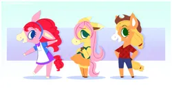 Size: 2153x1149 | Tagged: safe, artist:syrupyyy, derpibooru import, applejack, fluttershy, pinkie pie, anthro, donkey, earth pony, horse, g4, alternate hairstyle, animal crossing, applejack's hat, apron, blaze (coat marking), clothes, coat markings, colored hooves, cowboy hat, crossover, dress, facial markings, female, flannel, freckles, hairband, hat, hooves, image, markings, open mouth, png, shirt, shoes, shorts, skirt