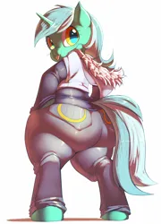 Size: 1438x2000 | Tagged: suggestive, artist:trinity-fate62, derpibooru import, lyra heartstrings, pony, g4, :p, bipedal, chubby, clothes, denim, fat, female, hoodie, image, jeans, lard-ra heartstrings, looking at you, looking back, pants, perspective, png, solo, the ass was fat, tongue out, weight gain