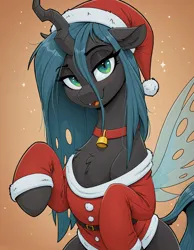 Size: 1344x1728 | Tagged: safe, ai content, machine learning generated, prompter:ramprover, queen chrysalis, changeling, changeling queen, g4, abstract background, bell, bell collar, blushing, chest fluff, christmas, clothes, collar, costume, dock, fangs, female, gradient background, hat, holiday, image, lidded eyes, looking at you, open mouth, open smile, png, santa costume, santa hat, smiling, smiling at you, solo, upper body