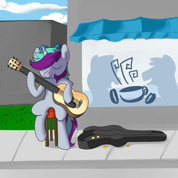 Size: 2000x2000 | Tagged: safe, artist:anonymous, derpibooru import, pony, unicorn, busking, cafe, coin, drawthread, eyes closed, guitar, hoof hold, horn, image, left handed, musical instrument, outdoors, png, requested art, sitting, solo, stool, window