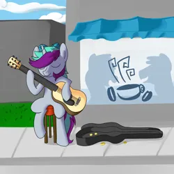 Size: 2000x2000 | Tagged: safe, artist:anonymous, derpibooru import, pony, unicorn, busking, cafe, coin, drawthread, eyes closed, guitar, hoof hold, horn, image, left handed, musical instrument, outdoors, png, requested art, sitting, solo, stool, window