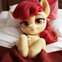 Size: 1536x1536 | Tagged: prompter needed, safe, ai content, generator:pony realism 2.1, machine learning generated, stable diffusion, apple bloom, earth pony, pony, g4, adorabloom, bed, bedsheets, chest fluff, close-up, cute, female, filly, foal, image, indoors, laying on bed, lidded eyes, on back, on bed, pillow, png, realistic, smiling at you, solo