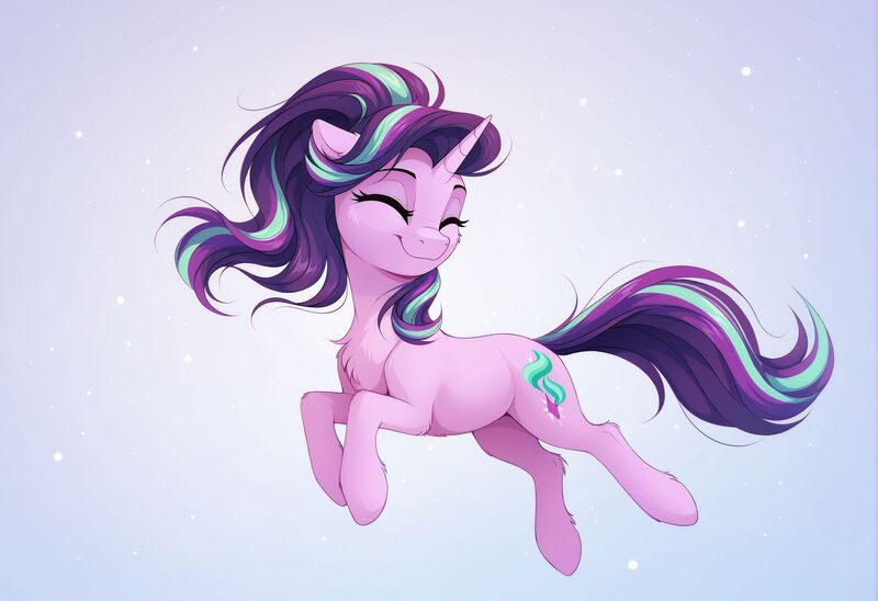 Size: 2104x1440 | Tagged: safe, ai content, generator:zoinksnoob, machine learning generated, starlight glimmer, pony, unicorn, g4, eyes closed, female, full body, gradient background, happy, horn, image, jpeg, mare, midair, prompter:siber, smiling, solo, solo female