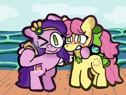 Size: 1024x768 | Tagged: safe, artist:blueraspberryroadkill, derpibooru import, pipp petals, posey (g5), earth pony, pegasus, pony, g5, blushing, duo, duo female, female, hoof around neck, hug, image, jpeg, lesbian, mare, mobile phone, ocean, phone, pier, selfie, ship:petalbloom, shipping, smartphone, water