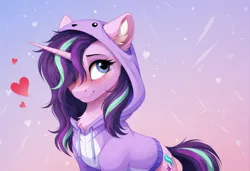 Size: 2104x1440 | Tagged: safe, ai content, generator:zoinksnoob, machine learning generated, starlight glimmer, pony, unicorn, g4, abstract background, blushing, chest fluff, clothes, cute, ear fluff, female, floating heart, glimmerbetes, gradient background, hair over one eye, heart, hoodie, horn, image, jpeg, looking sideways, mare, prompter:siber, solo