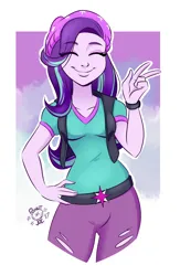 Size: 1496x2288 | Tagged: safe, artist:ponut_joe, derpibooru import, starlight glimmer, equestria girls, g4, beanie, belt, breasts, clothes, cute, denim, eye clipping through hair, eyes closed, female, glimmerbetes, hand on hip, happy, hat, image, jeans, pants, peace sign, png, ripped jeans, ripped pants, shirt, simple background, smiling, solo, teenager, torn clothes, vest