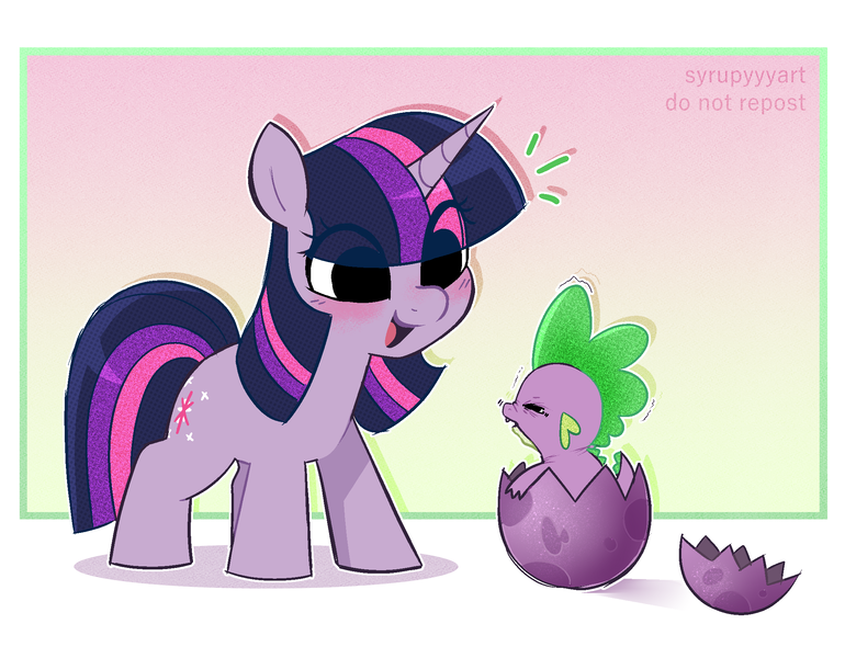 Size: 2118x1651 | Tagged: safe, artist:syrupyyy, derpibooru import, spike, twilight sparkle, dragon, pony, unicorn, g4, the cutie mark chronicles, baby, baby dragon, baby spike, blushing, cute, daaaaaaaaaaaw, dragon egg, duo, egg, emanata, eye clipping through hair, female, filly, filly twilight sparkle, foal, gradient background, hatching, horn, image, looking at someone, mama twilight, my little pony, open mouth, open smile, png, ponytober, smiling, spikabetes, spike's egg, squint, syrupyyy is trying to murder us, twiabetes, unicorn twilight, weapons-grade cute, younger