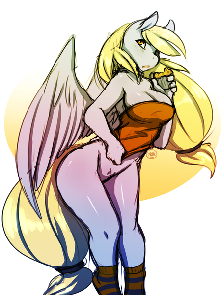 Size: 1800x2400 | Tagged: dead source, questionable, artist:avante92, derpibooru import, derpy hooves, anthro, pegasus, unguligrade anthro, g4, adorasexy, big breasts, blushing, bottomless, braless, breasts, busty derpy hooves, casual nudity, cleavage, clothes, curvy, cute, derpabetes, eating, female, image, legs, looking at you, nudity, partial nudity, png, pubic fluff, sexy, shirt, shirt pull, shoulderless, simple background, socks, solo, spread wings, striped socks, thighs, tube top, white background, wide hips, wings