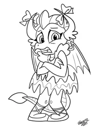 Size: 902x1198 | Tagged: safe, artist:lilifox, derpibooru import, smolder, dragon, ballerina, ballet, ballet slippers, bow, clothes, crossed arms, cute, embarrassed, gritted teeth, image, legs together, png, ribbon, smolder also dresses in style, smolderbetes, smolderina, smoler, teeth, tutu